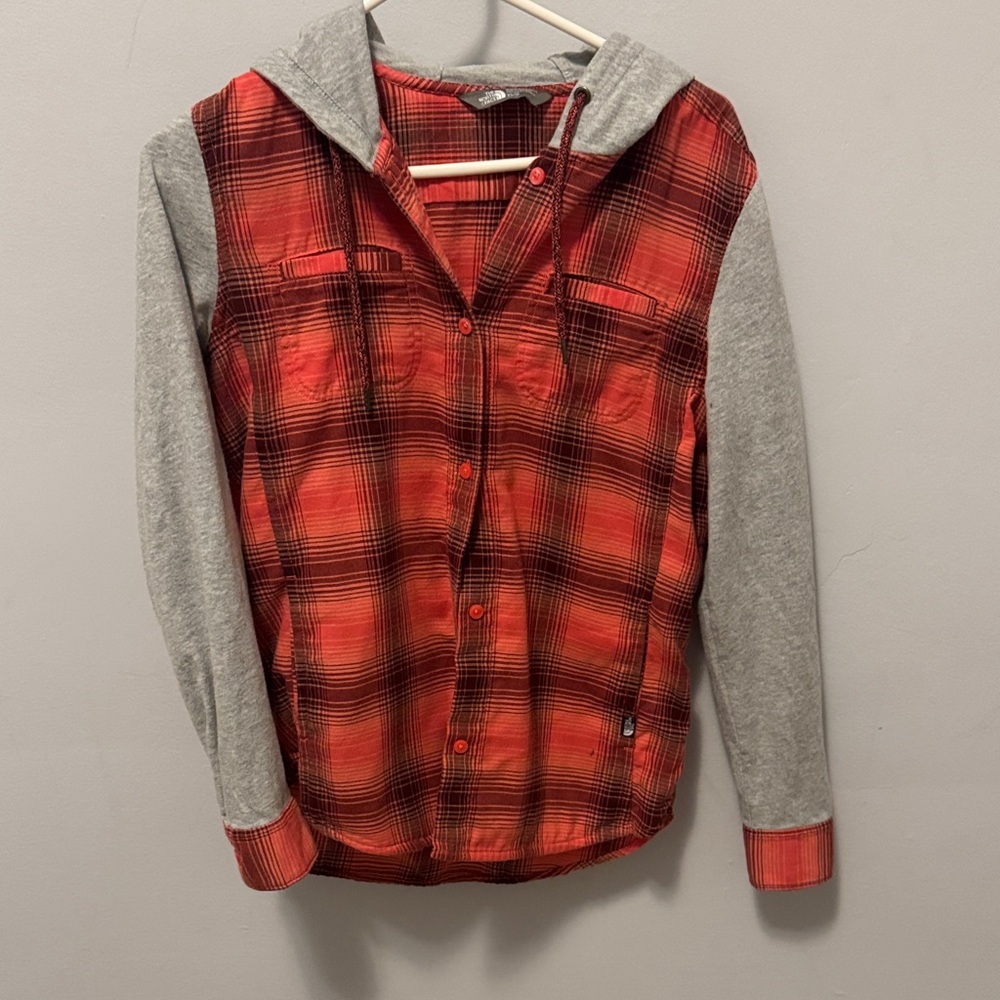 The North Face Red Plaid Hoodie with Gray Accents